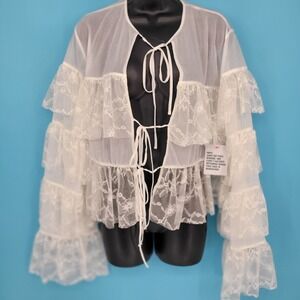 ASOS Design Sheer Lace Ruffle tier Cardigan Top Women 10 White Tie Mesh new boho